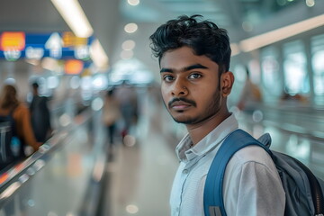 young man portrait in airport terminal - obrazy, fototapety, plakaty