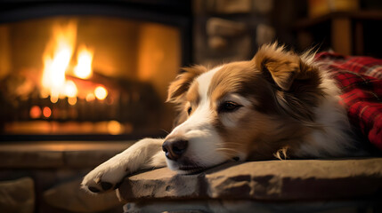 Adoring Dog by Fireplace at Home