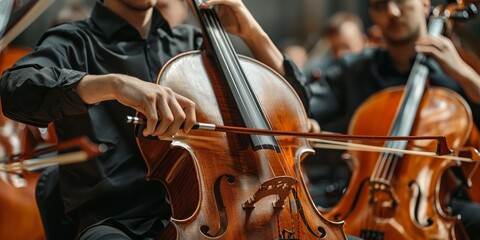 A man is playing a cello in front of a group of other musicians