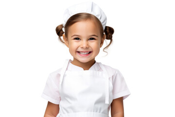 Studio portrait of cute little girl wearing student school uniform costume with smile and looking at camera isolated on transparent png background.