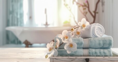 Fototapeta na wymiar Vintage Drawer and Spa Towels Grace a Bathroom with Orchid Accents