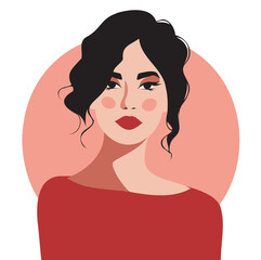  Vector flat illustration of bright portrait of woman brunette avatar on pink background. Avatar icons user profile media, design and development of websites and applications, icons