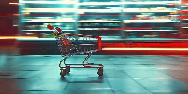 A fastmoving shopping cart in a virtual grocery store captures the essence of hig. Concept Motion Photography, Shopping Experience, Virtual Reality, Dynamic Composition, Modern Technology