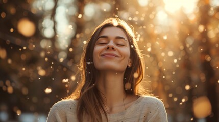 A smiling female enjoy outdoors in spring field with plant flower grass in allergy season