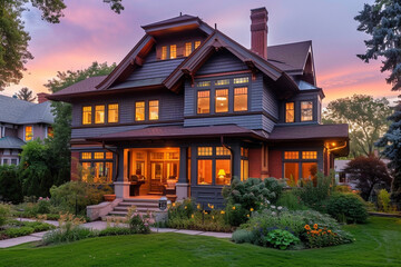 the angle of drone veiw Side profile of a Craftsman house during twilight with a focus on its large windows and trim