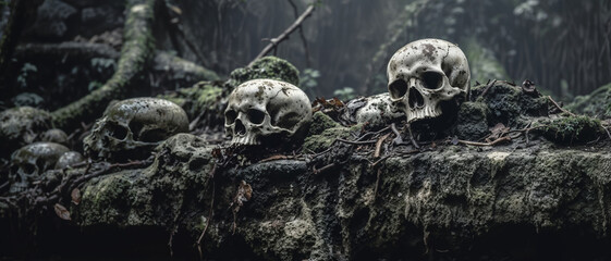 Human skulls and bones of ancestors displayed on an old stone wall ruin, reminiscent of skull island in Balinese jungle. - obrazy, fototapety, plakaty