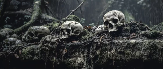 Fotobehang Human skulls and bones of ancestors displayed on an old stone wall ruin, reminiscent of skull island in Balinese jungle. © SoulMyst
