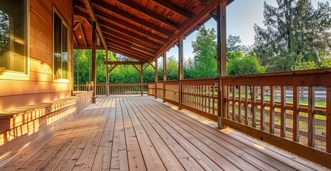 Exterior View of Horse Ranch with Inviting Wooden Walkout Deck