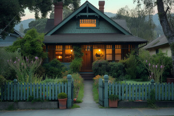 The front of a Craftsman house at dawn, with a picket fence and a pathway leading to the front door