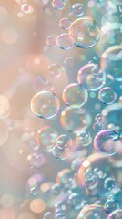 Vertical photo of numerous shimmering soap bubbles floating against a soft bokeh background with pastel colors, some large with visible reflections and small ones adding depth Concept: lightness, pur