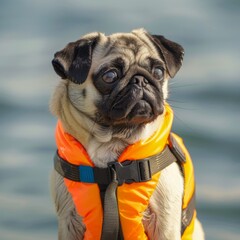 pug dog wearing a bright orange life jacket, with a concerned expression, against a blurred water background Concept: safety, pet care, adventure