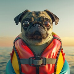 Square photo of a pug dog wearing a bright orange life jacket, with a concerned expression, against a blurred water background Concept: safety, pet care, adventure