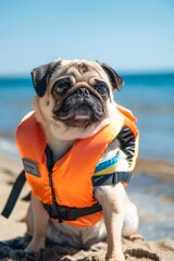   of a pug dog wearing a bright orange life jacket, with a concerned expression, against a blurred water background Concept: safety, pet care, adventure