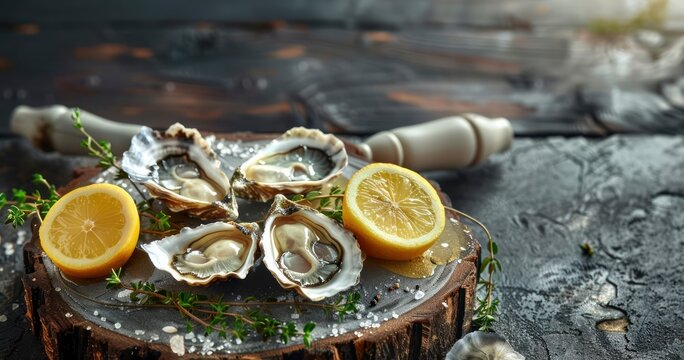 Raw Oysters Presented on Stone Board with Lemon, Dark Rustic Setting