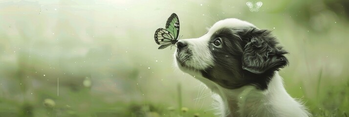Wide banner photo of a young, curious puppy gazing at a butterfly on its nose, set against a soft-focus green background, depicting innocence and discovery in nature dog: nature, discovery, playв 