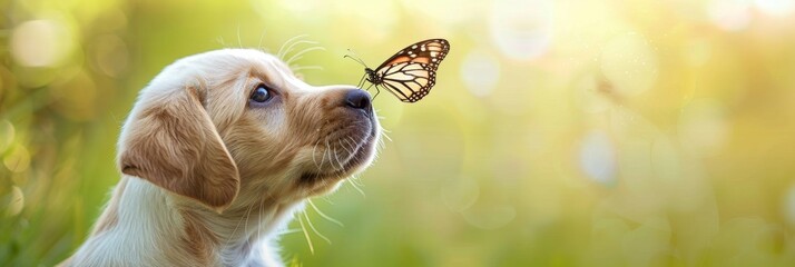 little puppy plays with a butterfly on a green background field. concept animals, dogs, puppies, friendship, space for text