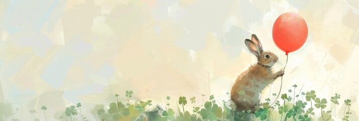 Wide banner illustration depicting a whimsical scene with a rabbit holding a red balloon amidst a soft, pastel-colored environment, evoking a sense of playfulness and fantasy
 whimsy, rabbit bunny 