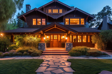 The front of a Craftsman house at night, with a gabled roof and a stone walkway