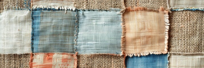 Wide banner photo showing an array of textured burlap fabric patches in earthy tones, neatly stitched together, creating a rustic and tactile background
Concept: texture, craft, sustainability
