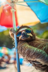 Vertical photo of a relaxed sloth hanging from a rope with stylish sunglasses, with a colorful umbrella background giving a playful, tropical vibe
Concept: relaxation, leisure, vacation