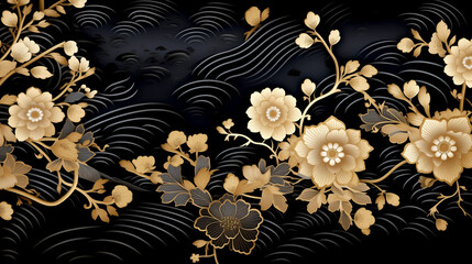 Horizontal Luxury Image of Elegant Gold Pattern on Black Background in Japanese Style