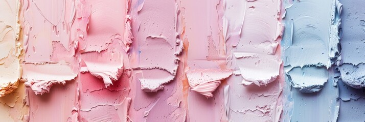 Wide banner photo showing a textured abstract painting with broad strokes of pastel pink and blue colors, creating a visually soft and tactile surface

Concept: art, texture, softness beauty 