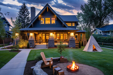 Twilight angle of a Craftsman house with a front yard teepee and a campfire