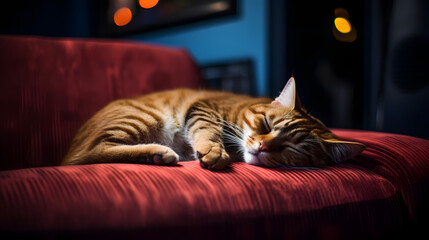 Sleeping Cat on Velvet Sofa