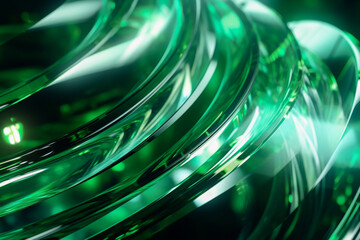 Abstract geometric green background with glass spiral tubes, flow clear fluid with dispersion and refraction effect, crystal composition of flexible twisted pipes, modern 3d wallpaper, design element,