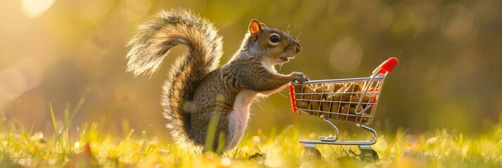 Wide banner photo of a squirrel humorously pushing a miniature shopping cart full of nuts on a sunny day with a soft-focus background of grass and light flares
Concept: humor, nature, preparation