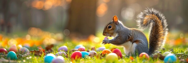 Wide banner photo of a squirrel amidst a field of colorful Easter eggs, playfully interacting with one, capturing a festive and joyful spring moment
Concept: Easter, spring, celebration