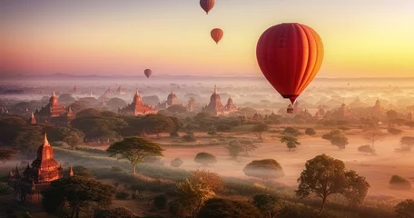 Wandcirkels plexiglas Hot Air Ballooning Above Misty Morning Plains © TOTO