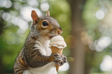 Photo an adorable squirrel holding an ice cream cone, humorously humanized and set against a blurred natural background with bokeh light effects
Concept: whimsy, nature, humor, summer