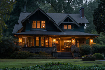 Twilight angle of a Craftsman house with a historic ruins backdrop and soft lighting