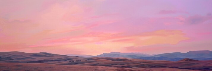 Wide banner photo capturing the serene beauty of rolling hills under a pastel sunset sky, creating a tranquil and dreamy landscape
Concept: serenity, landscape, beauty, tranquility
