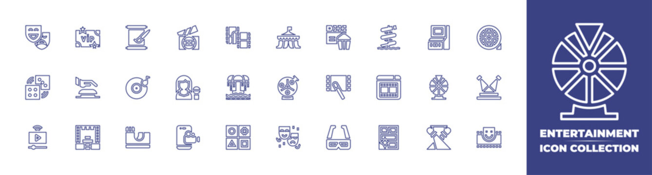 Entertainment line icon collection. Editable stroke. Vector illustration. Containing lp, record, mask, singer, live streaming, film strip, buzzer, child game, bollywood, dices, vip, stage.