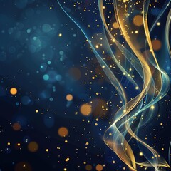 Golden Elegance on a Dark Blue Background: Glowing Dots and Swirls with Flowing Ribbons