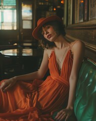 Obraz na płótnie Canvas In an intimate setting, a model lounges in a delicately embroidered orange dress, accessorized with fine jewelry, capturing a moment of serene beauty.