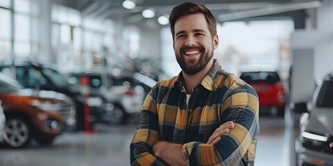 Happy man in a car showroom choosing a new vehicle to buy. Concept Car Shopping, Happy Man, New Vehicle, Showroom Selection, Buying Decision - obrazy, fototapety, plakaty