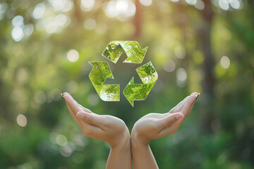 Symbol of recycling over human hands on the background of nature