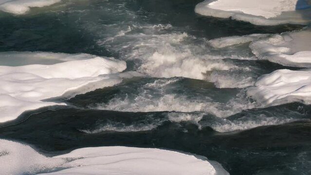 Fast mountain river in snow winter forest. Cold water stream of clean river flowing between snow shores. Trees covered in snow bent over running natural water.