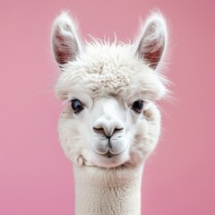 Cute portrait of a white alpaca. Copy space for text.