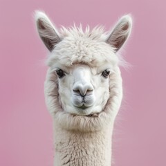 Obraz premium Cute portrait of a white alpaca. Copy space for text.
