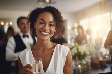 Joyful woman holding champagne at event, elegant white dress, curly hair, smiling, celebration, blurred background. - Powered by Adobe