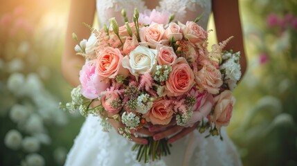 Beautiful wedding bouquet in hands of the bride, close-up