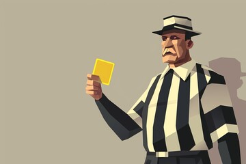 Illustration of a stern soccer referee issuing a yellow card, representing authority and enforcement in sports.