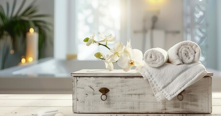 Fototapeta na wymiar Vintage Drawer and Orchid Flowers Enhance a Spa-like Bathroom