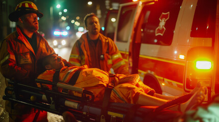 Rescue team staff working to transport injured patient to ambulance to hospital