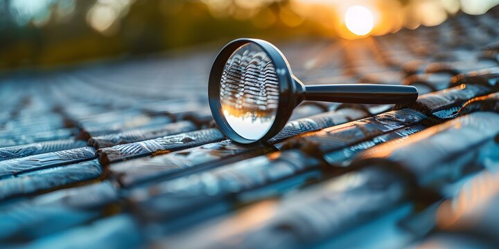 Symbolizing Real Estate Investment and House Hunting: A Magnifying Glass Hovering Over a House Roof. Concept Real Estate Investment, House Hunting, Magnifying Glass, House Roof, Symbolism