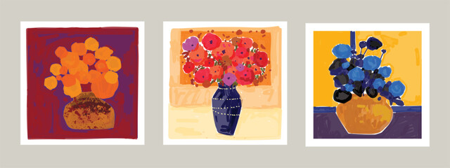 Beautiful abstract flowers and plants in pots, vase rough hand drawn vector illustration. Floral, houseplants, gardening art print.